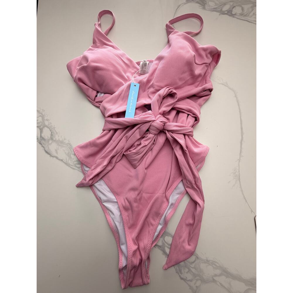NWT Women’s Pink Ribbed One Piece Swimsuit Tie Waist XL